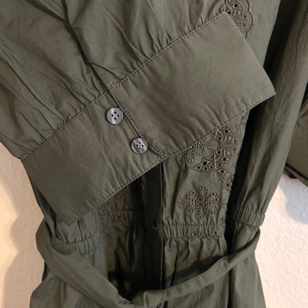 GAP Womens Olive‎ Green Eyelet Lace Puff Sleeve Belted Midi Dress XL TALL - Picture 5 of 13